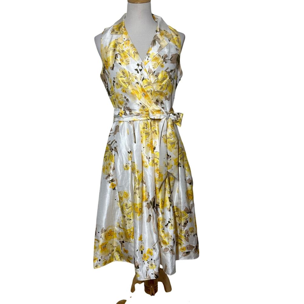 JH Floral Yellow & White Faux Wrap Tie Dress Sz 9 - Picture 2 of 9